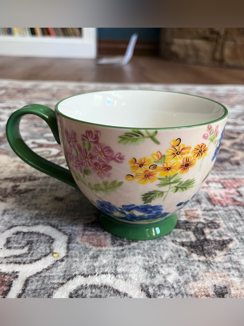 Potters Studio Coffee/Tea Cup Green Handle & Base Pink Blue Yellow Flowers VGC